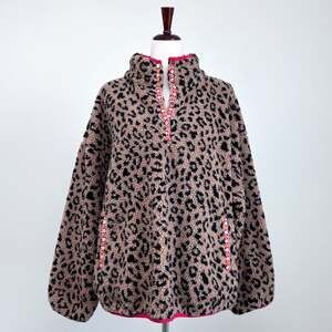Jodifl Leopard Animal Print Bohemian Sherpa Fleece Quarter- Snap Pullover LARGE